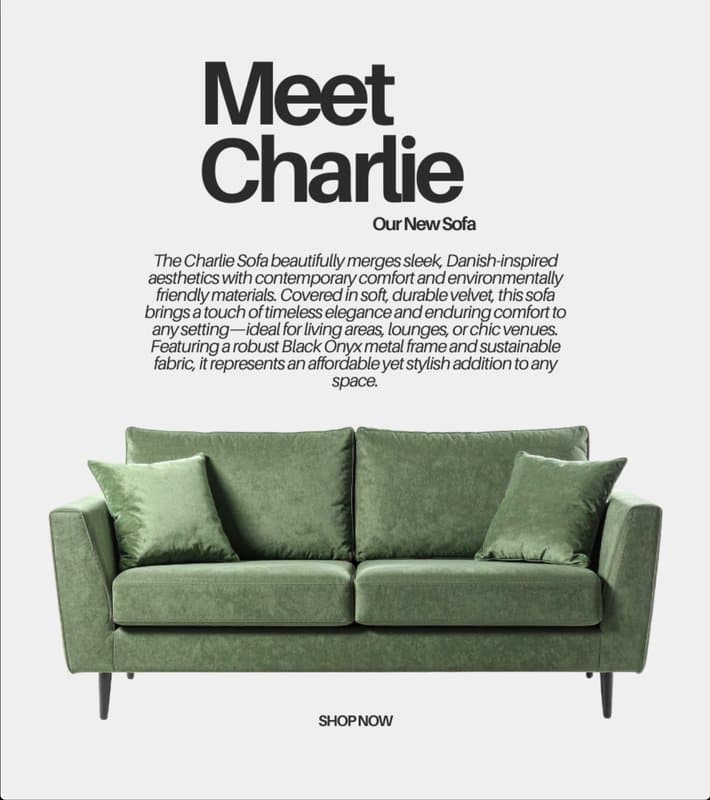 Charlie sofa product hero infographic — green velvet sofa with editorial typography