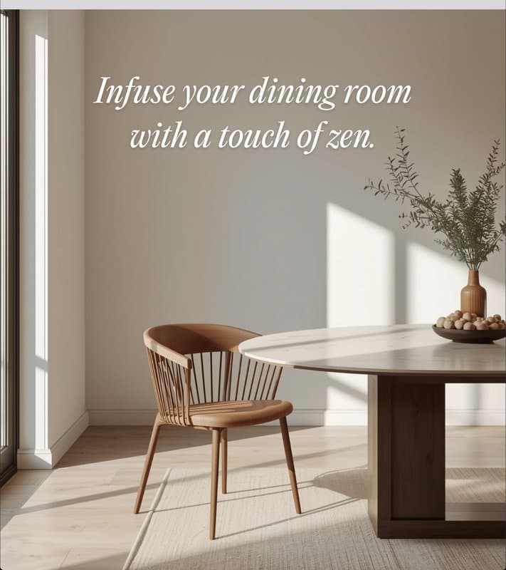 Dining room interior infographic — typography overlay reading 'Infuse your dining room with a touch of zen'